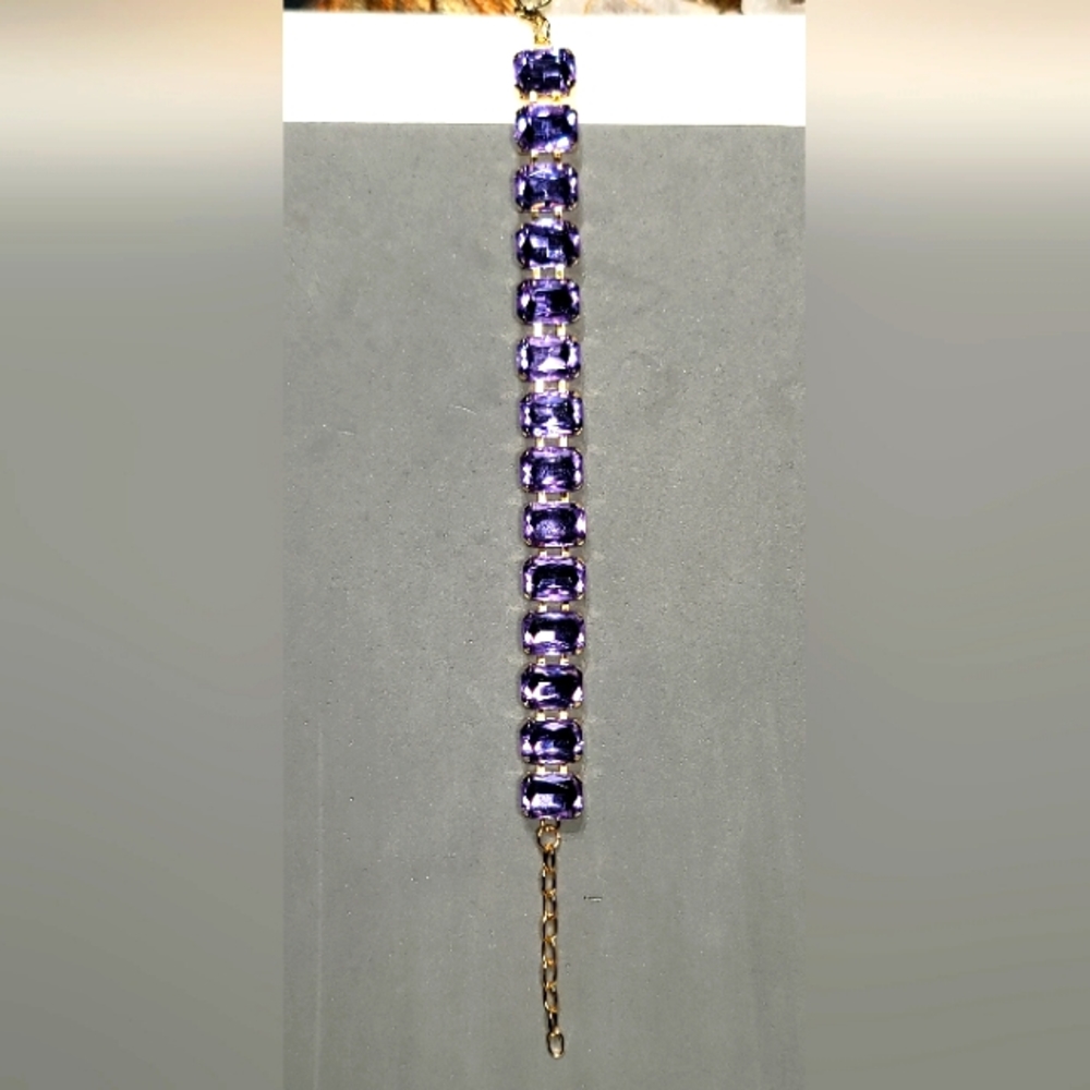Purple Glass Tennis Bracelet  In Goldtone